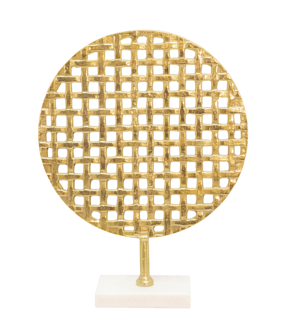 Escultura mesa dorada base mármol.